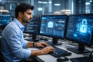 IT specialist working on banking software system